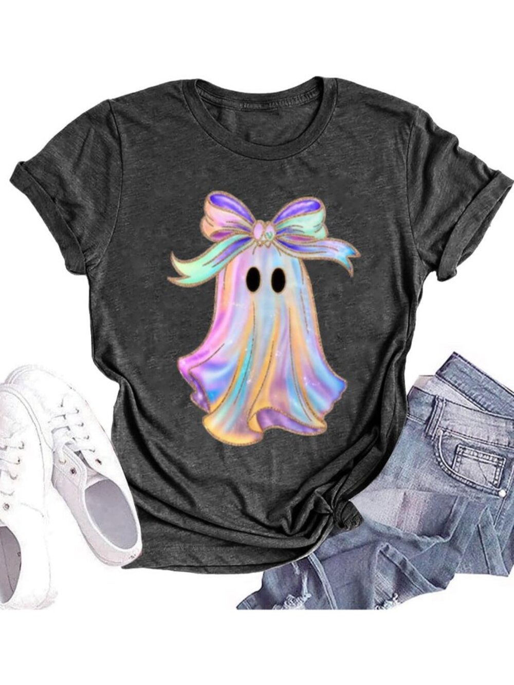 🆕 Women's Dark Grey Coquette Pastel Ghost Graphic Tee Short Sleeve Shirt